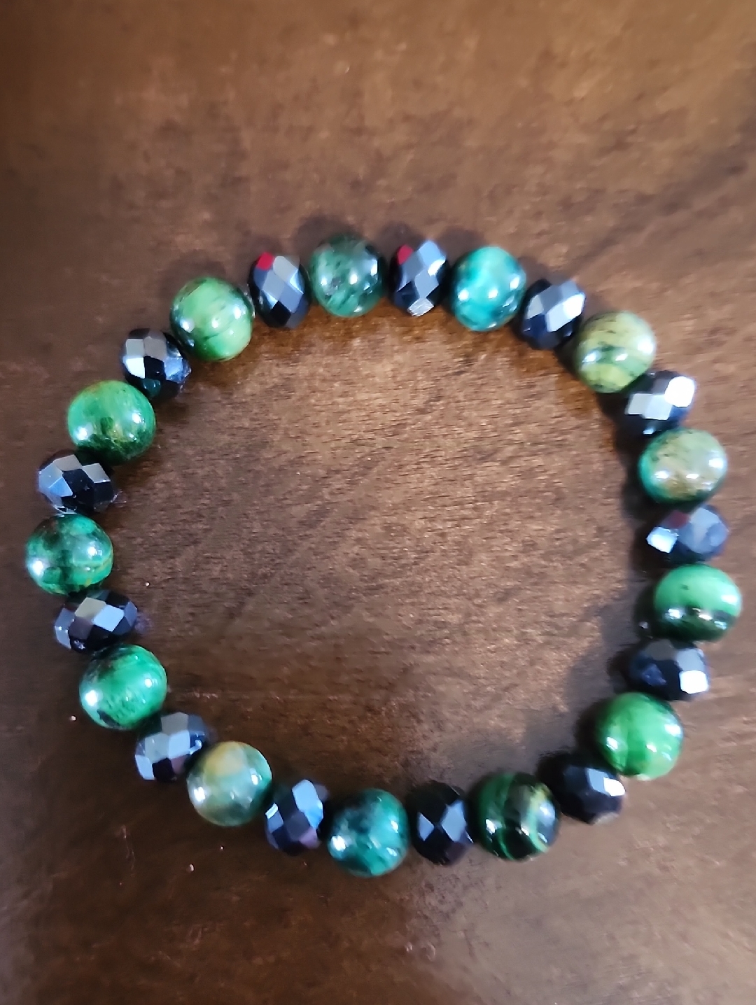 Handmade Dark Green Tigereye And Black Beaded Bracelet